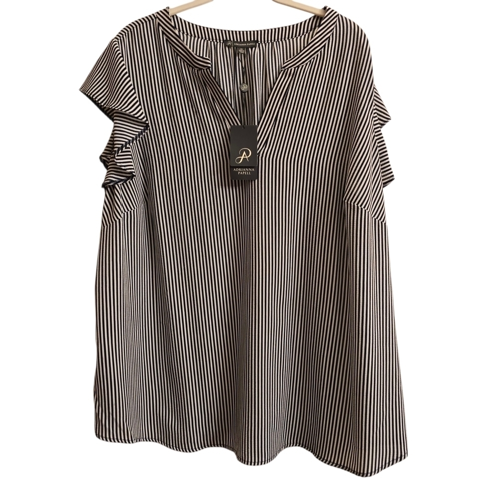 NWT Adrianna Papell Black White Striped Ruffled Short Sleeve Blouse